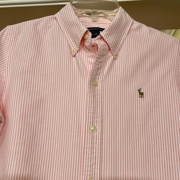 EUC Women's Ralph Lauren Sport Pink White Stripe Slim Fit Button Down Shirt 10 - Picture 2 of 2